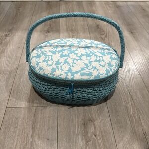 Vintage Dritz Woven Wicker Sewing Basket Daisy Box w/ Handle & Tray Blue 14"wide